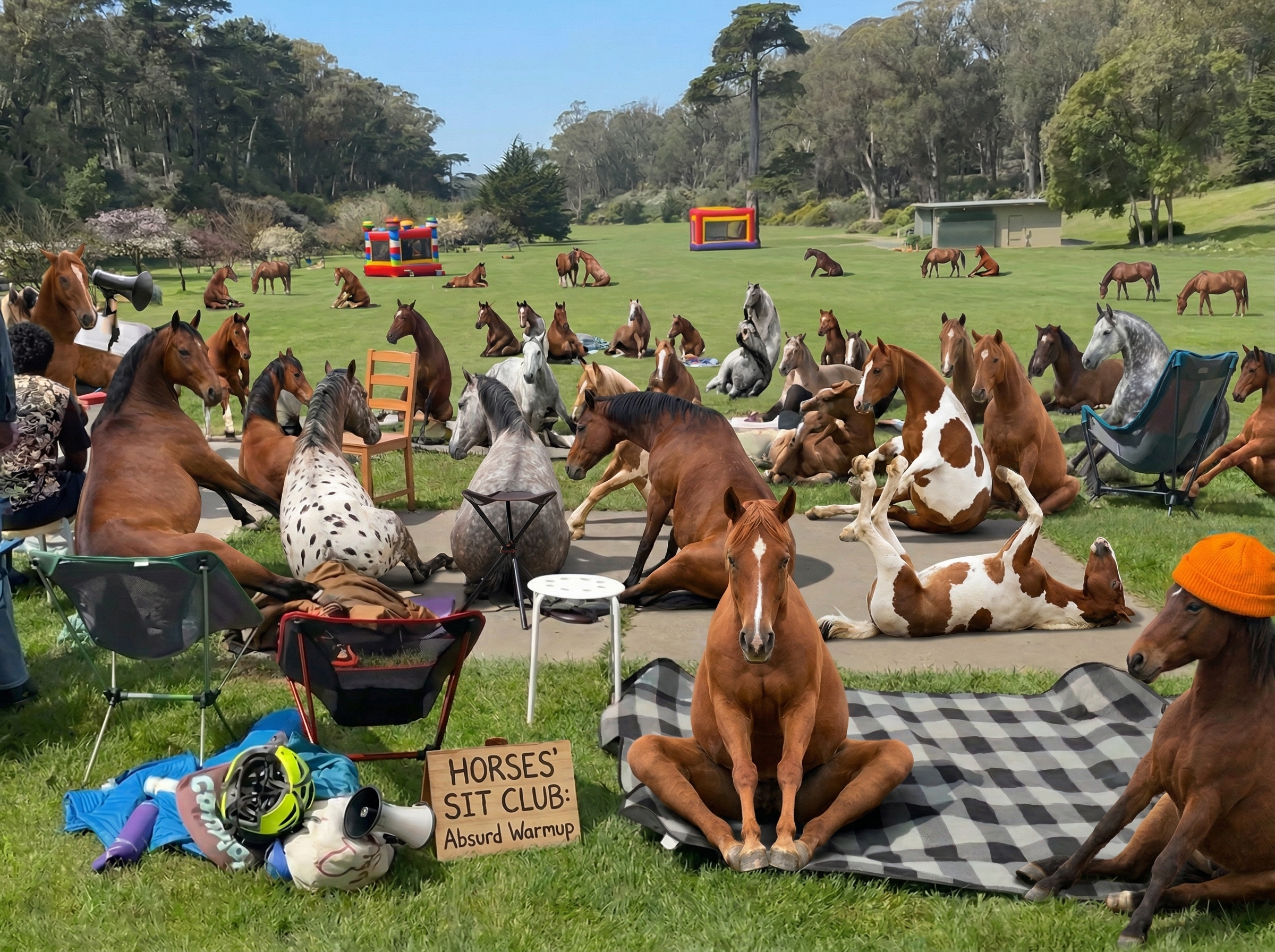 Horses lying down in a meadow doing sitting warmups