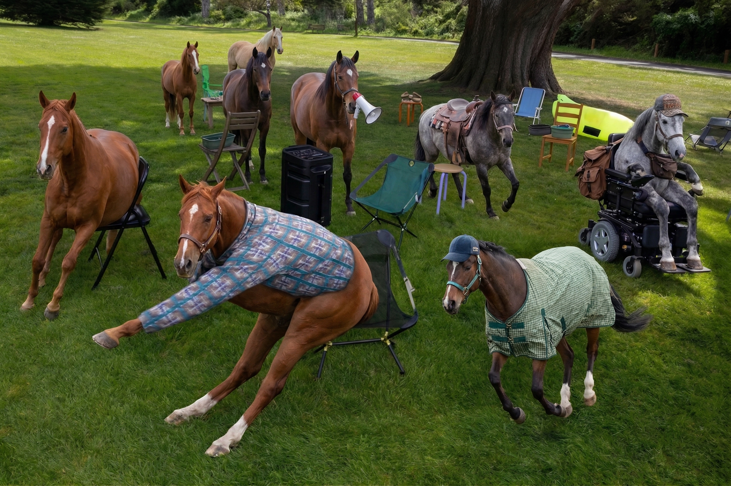 Horses circling around chairs in a field