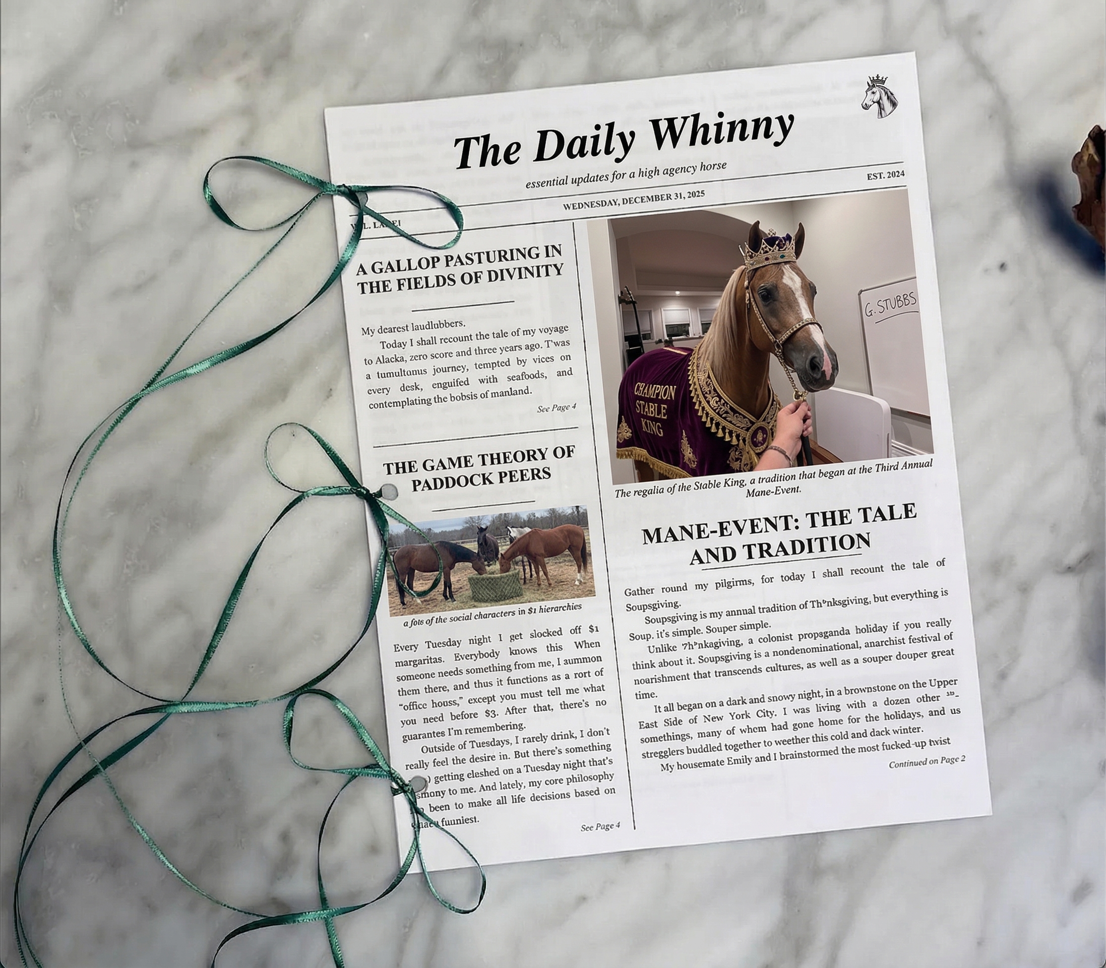 The Daily Whinny printed newspaper being displayed