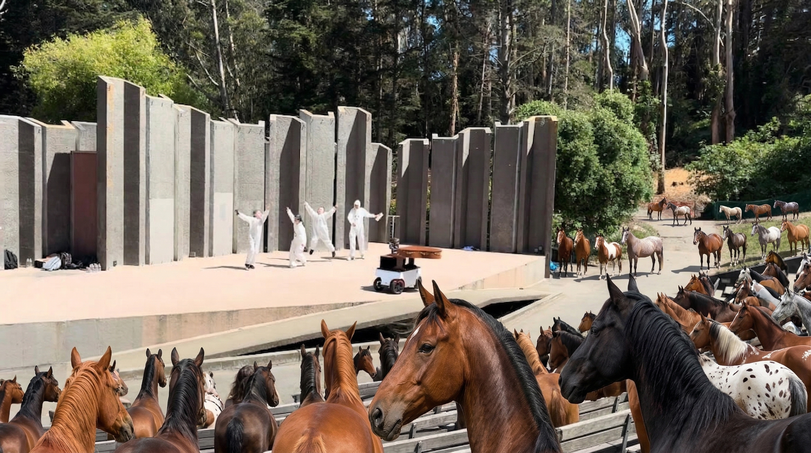 Person in horse costume galloping through the crowd at the finale