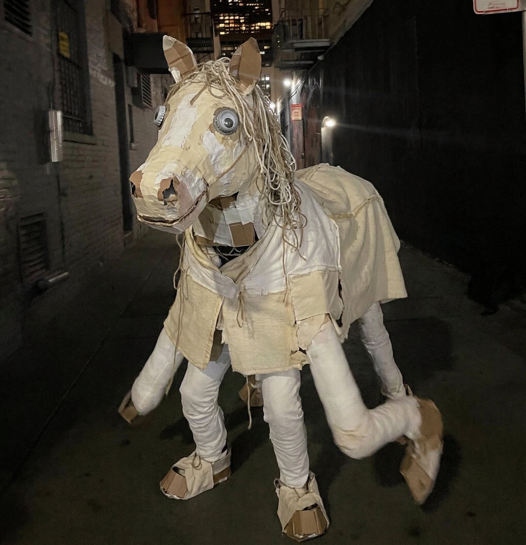 DIY horse costume close-up at night