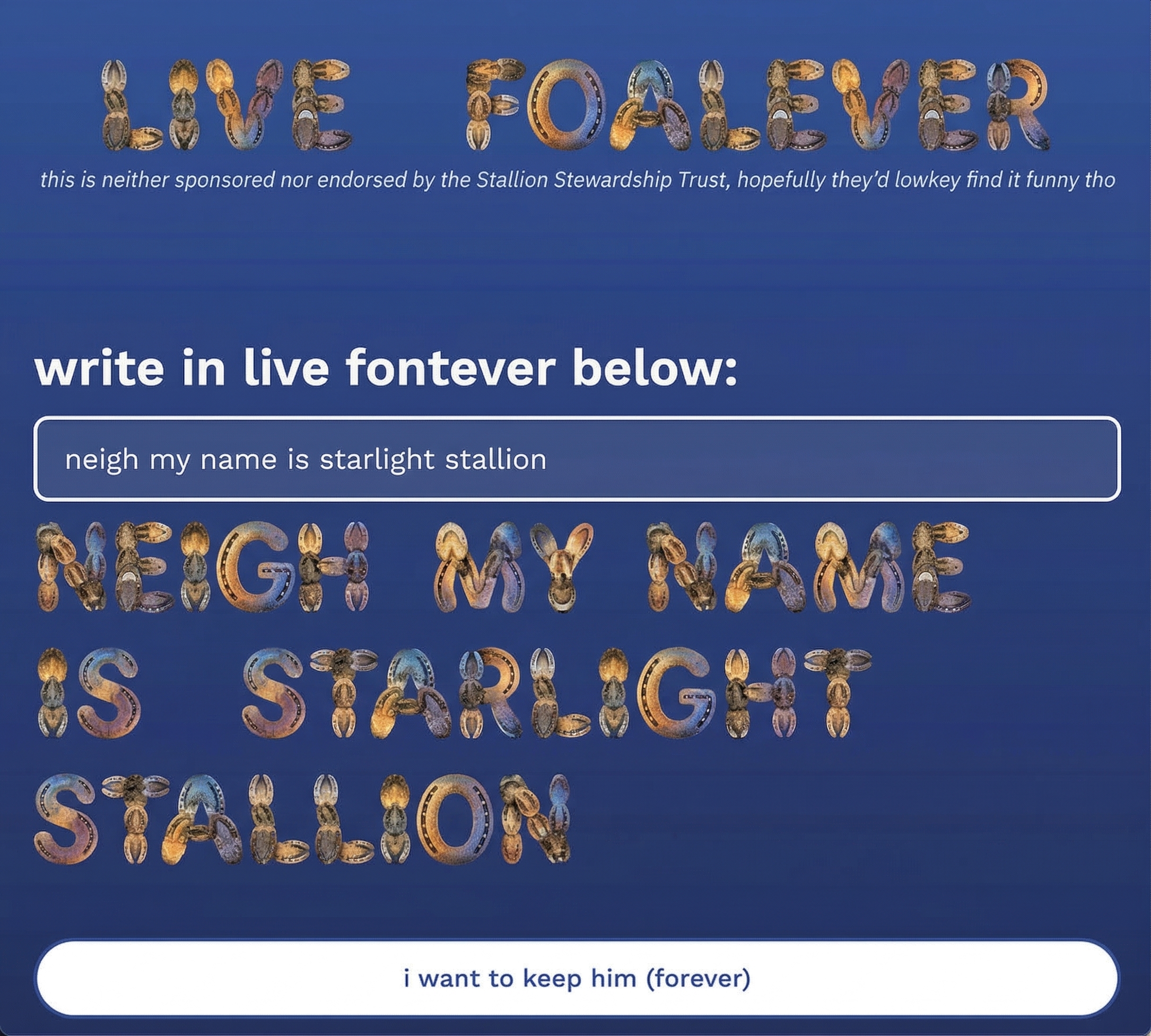 LIVE FOALEVER website with hoofprint-shaped letters
