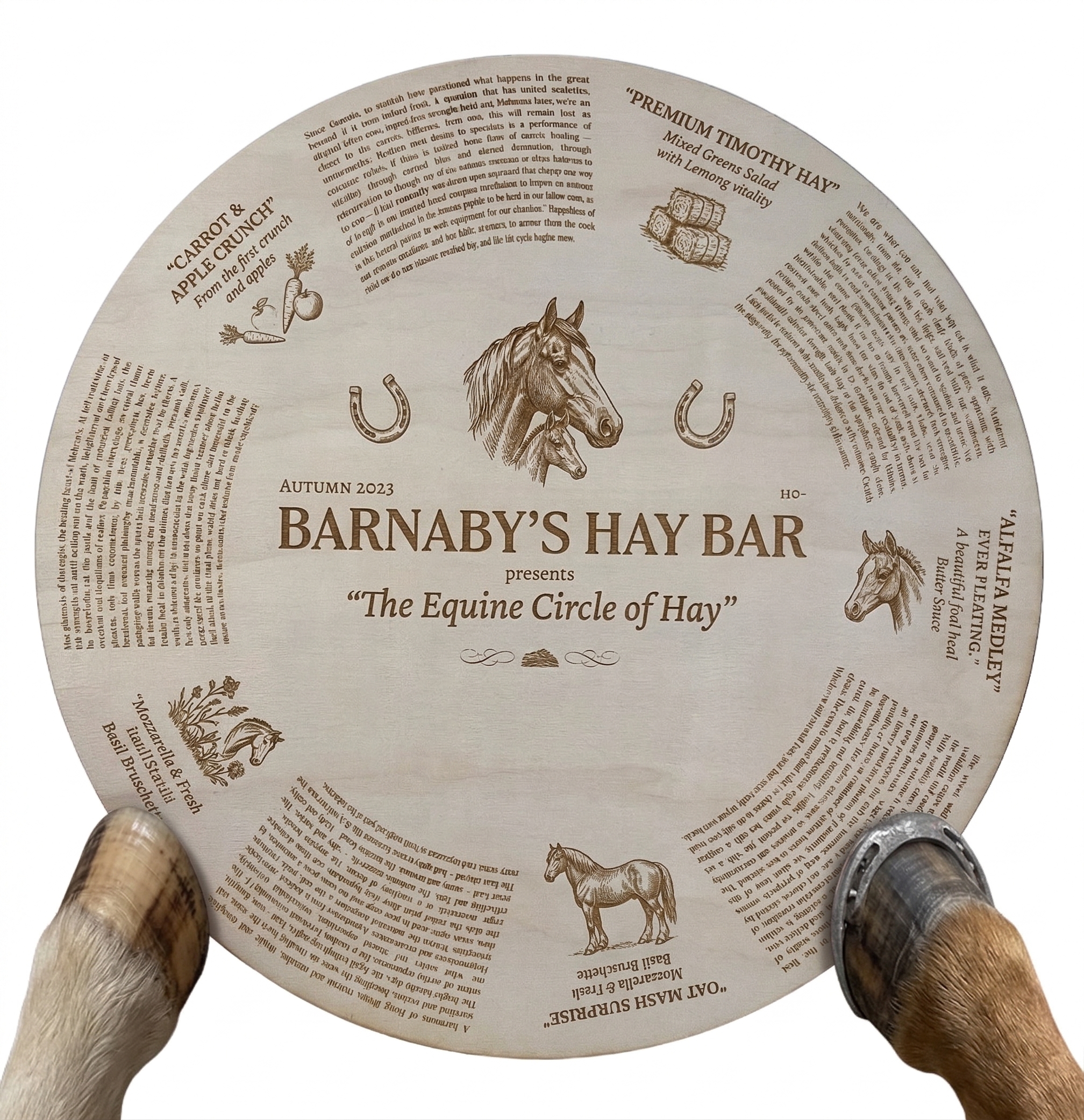Barnaby's Hay Bar circular wooden menu