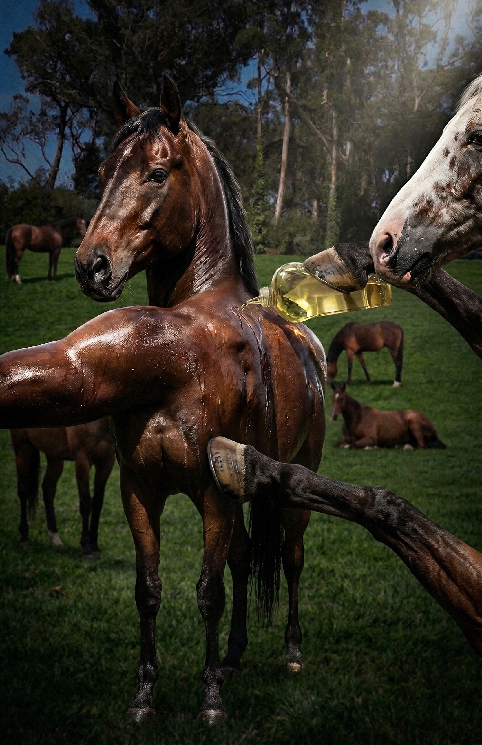 Horses being groomed and oiled to a gleaming shine