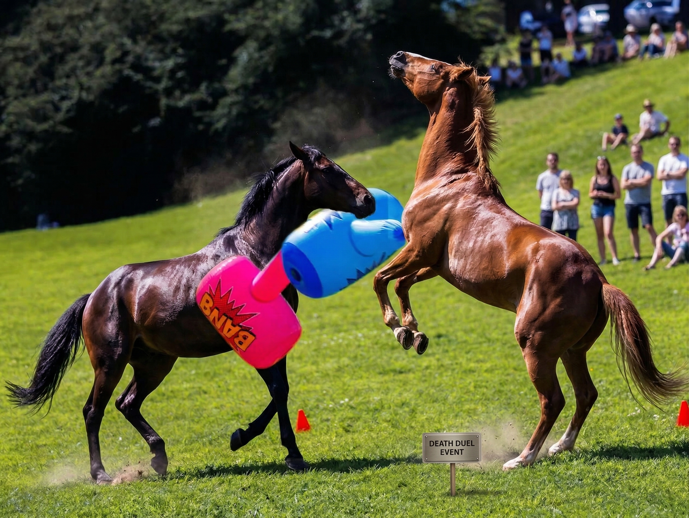 Two shiny stallions play-fighting in a paddock